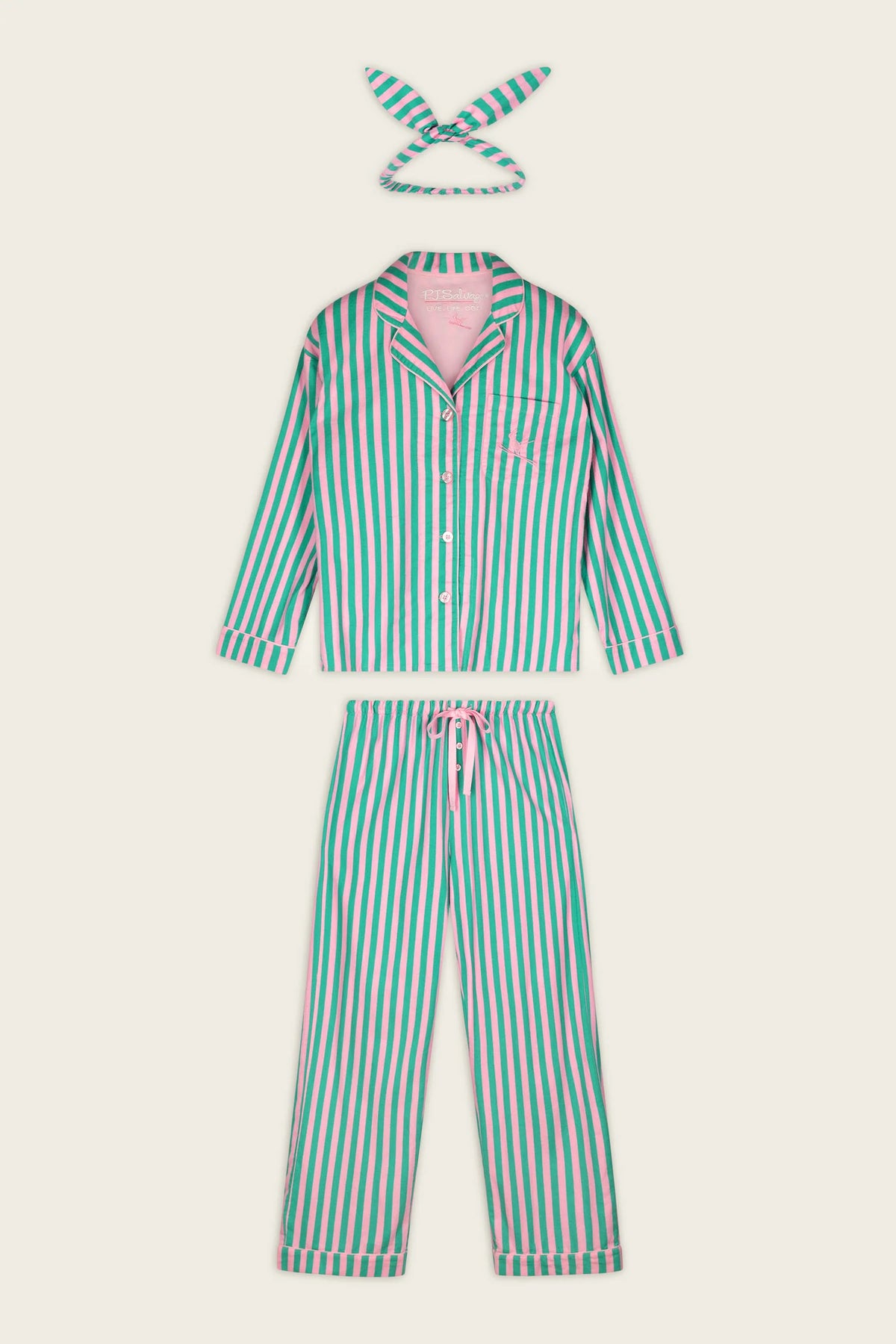 PJ Salvage Ski Bunny Icon 3-Piece Flannel PJ Set Green Pink Stripe front view flat lay— Cloud Nine Pajamas Edmonton