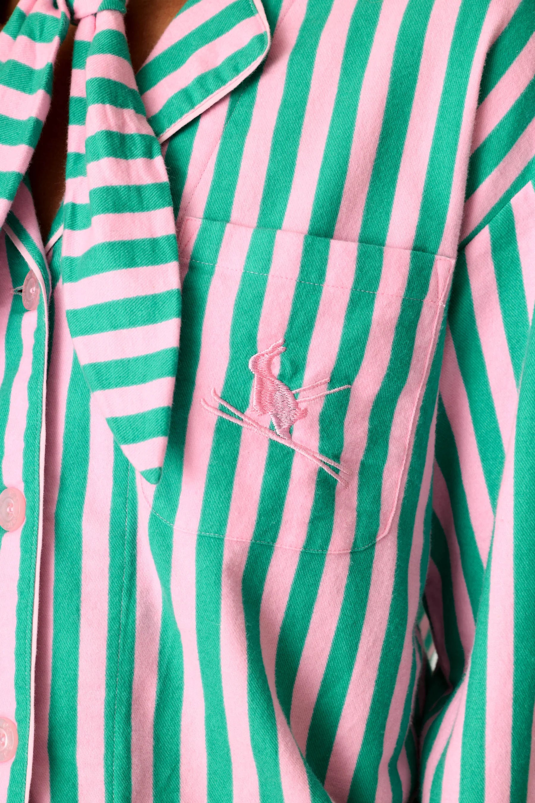 PJ Salvage Ski Bunny Flannel Set embroidered skiing bunny pocket detail — Cloud Nine Pajamas