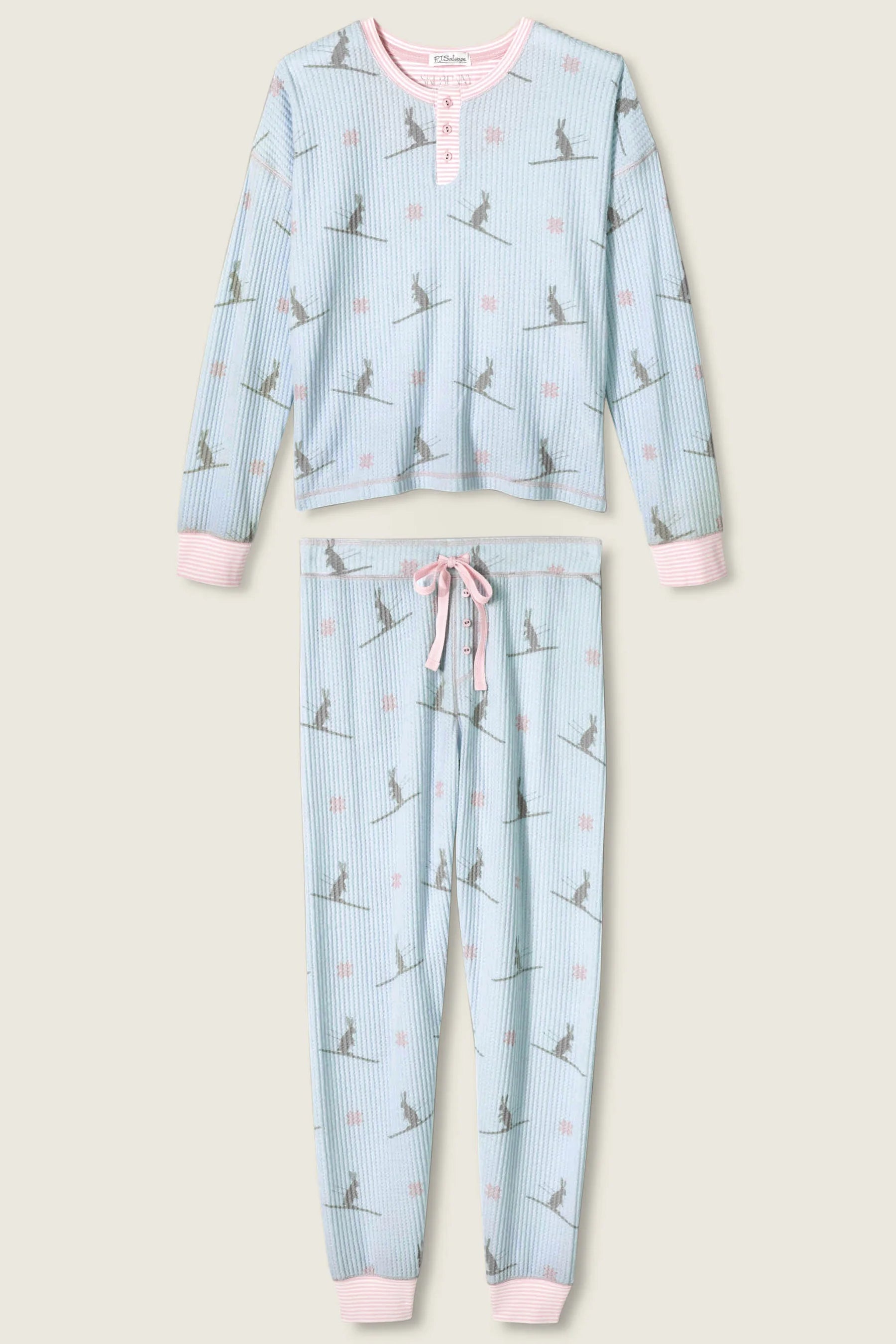 Ski Jammie Classics Brushed Thermal PJ Set featuring winter prints Ski Bunny Pale Blue and cozy design by PJ Salvage.