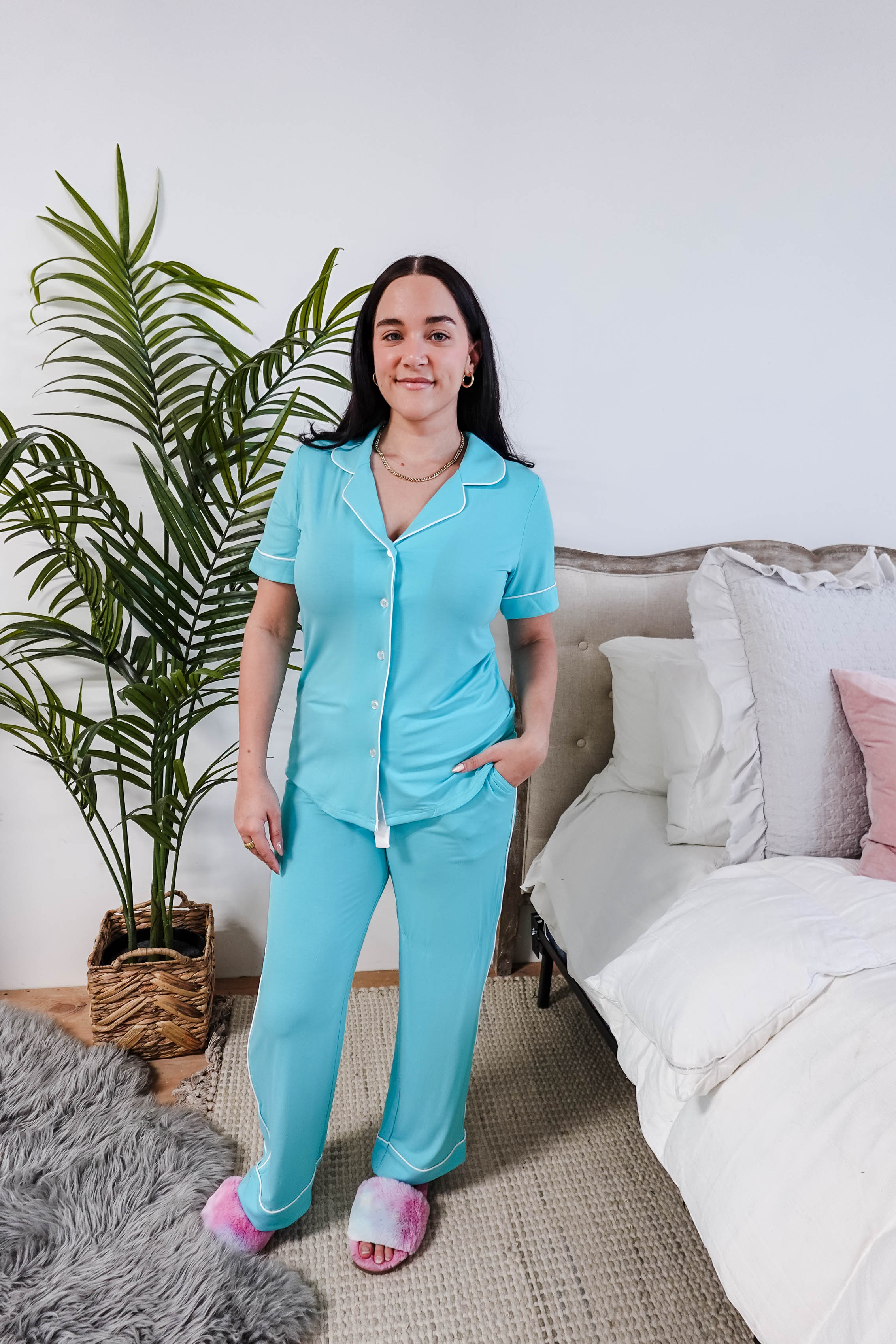 Sky Blue Short Sleeve Button Up Straight Pant Bamboo PJ Set georgia rylan