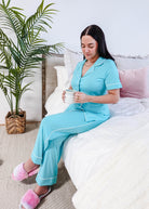 Sky Blue Short Sleeve Button Up Straight Pant Bamboo PJ Set georgia rylan