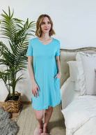 Sky Blue V-Neck Bamboo Nightshirt/Dress With Pockets | Georgia Rylan women's nightgown showing knee length