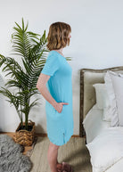 Sky Blue V-Neck Bamboo Nightshirt/Dress With Pockets | Georgia Rylan women's nightgown showing side view and pockets