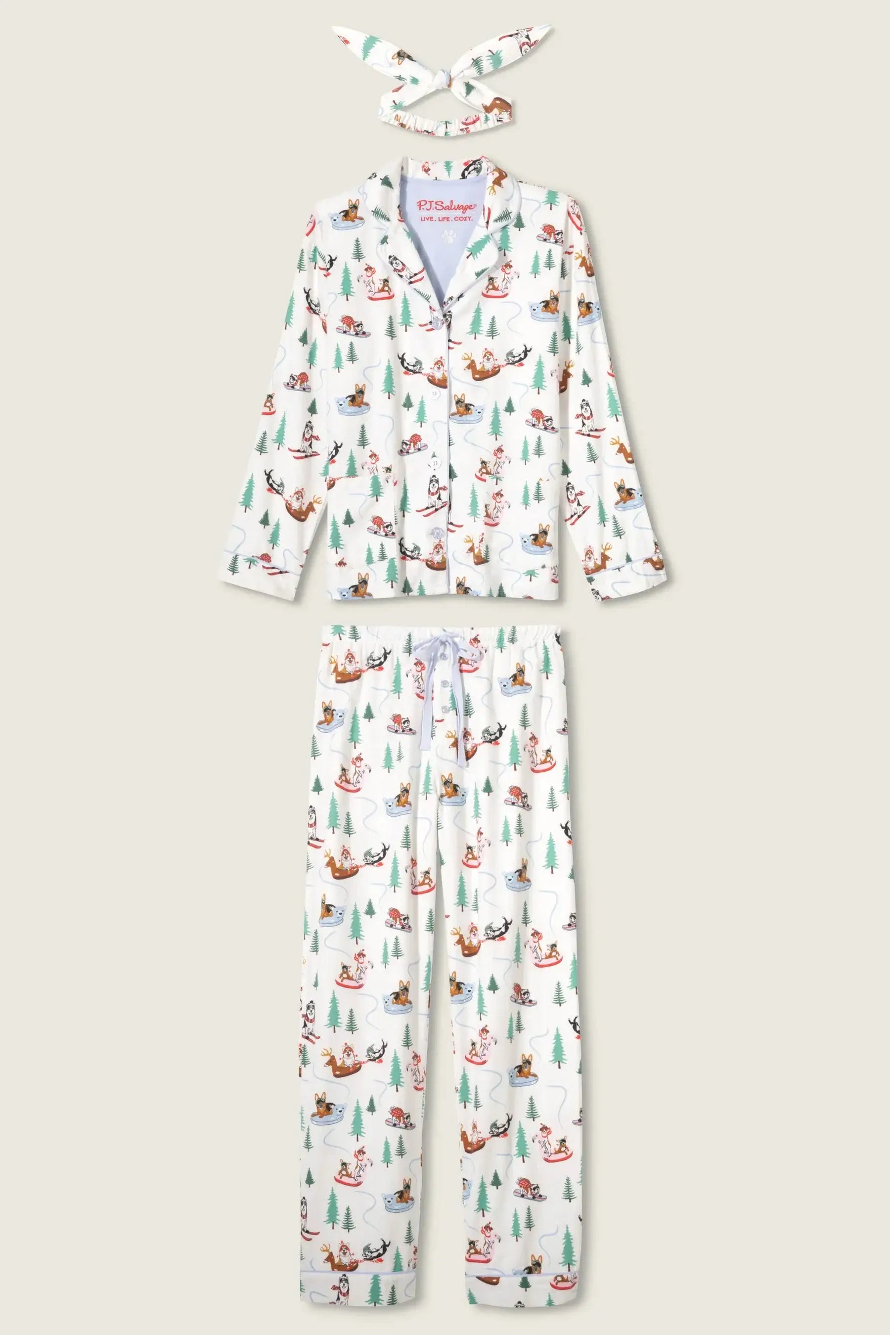 PJ Salvage "Sleigh All Day" 3-Piece Flannel PJ Set in winter white with playful dogs skiing and sledding.