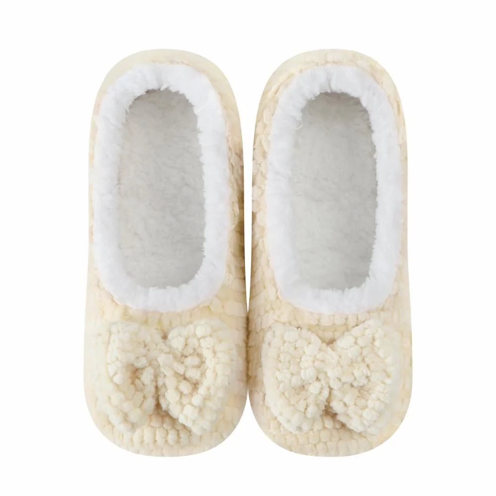 Snoozies Plush Ballerina Slipper cream bow detail front view — Cloud Nine Pajamas Edmonton