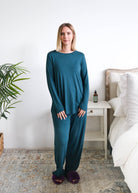 Georgia Rylan Solid Long Sleeve Bamboo Tee Midnight Teal front view on model — Cloud Nine Pajamas Edmonton