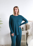 Georgia Rylan Solid Long Sleeve Bamboo Tee Midnight Teal front view on model — Cloud Nine Pajamas Edmonton