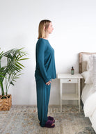 Georgia Rylan Midnight Teal Long Sleeve Bamboo Tee model side view — Cloud Nine Pajamas