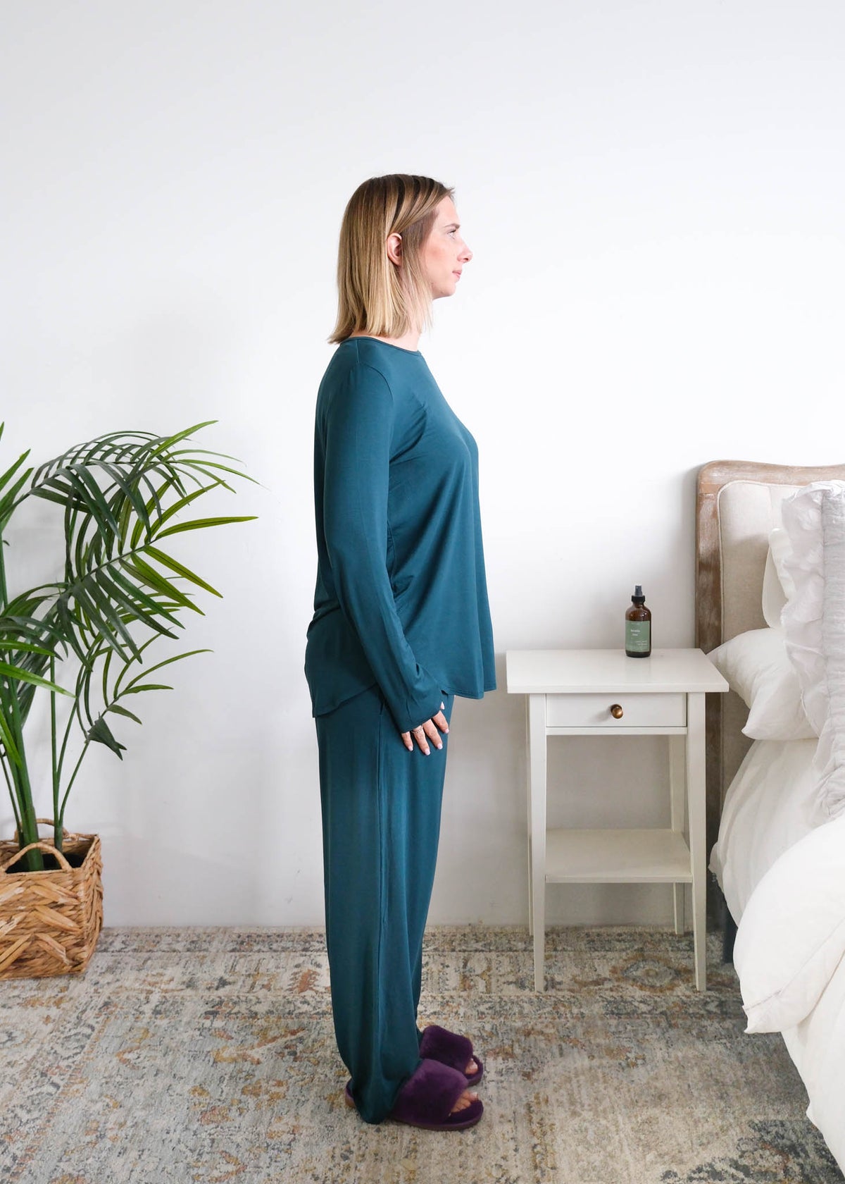 Georgia Rylan Midnight Teal Long Sleeve Bamboo Tee model side view — Cloud Nine Pajamas