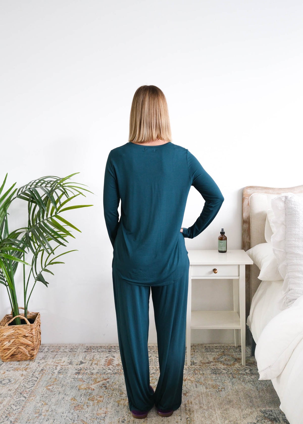 Georgia Rylan Midnight Teal Bamboo Tee model back view — Cloud Nine Pajamas