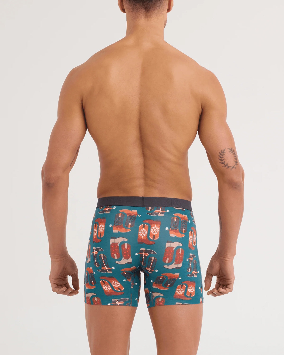 SAXX Vibe Xtra Soft Boxer Brief St. Nick's Kicks back view on model — Cloud Nine Pajamas Edmonton