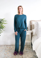 Georgia Rylan Midnight Teal Bamboo Pant full length model with matching top— Cloud Nine Pajamas