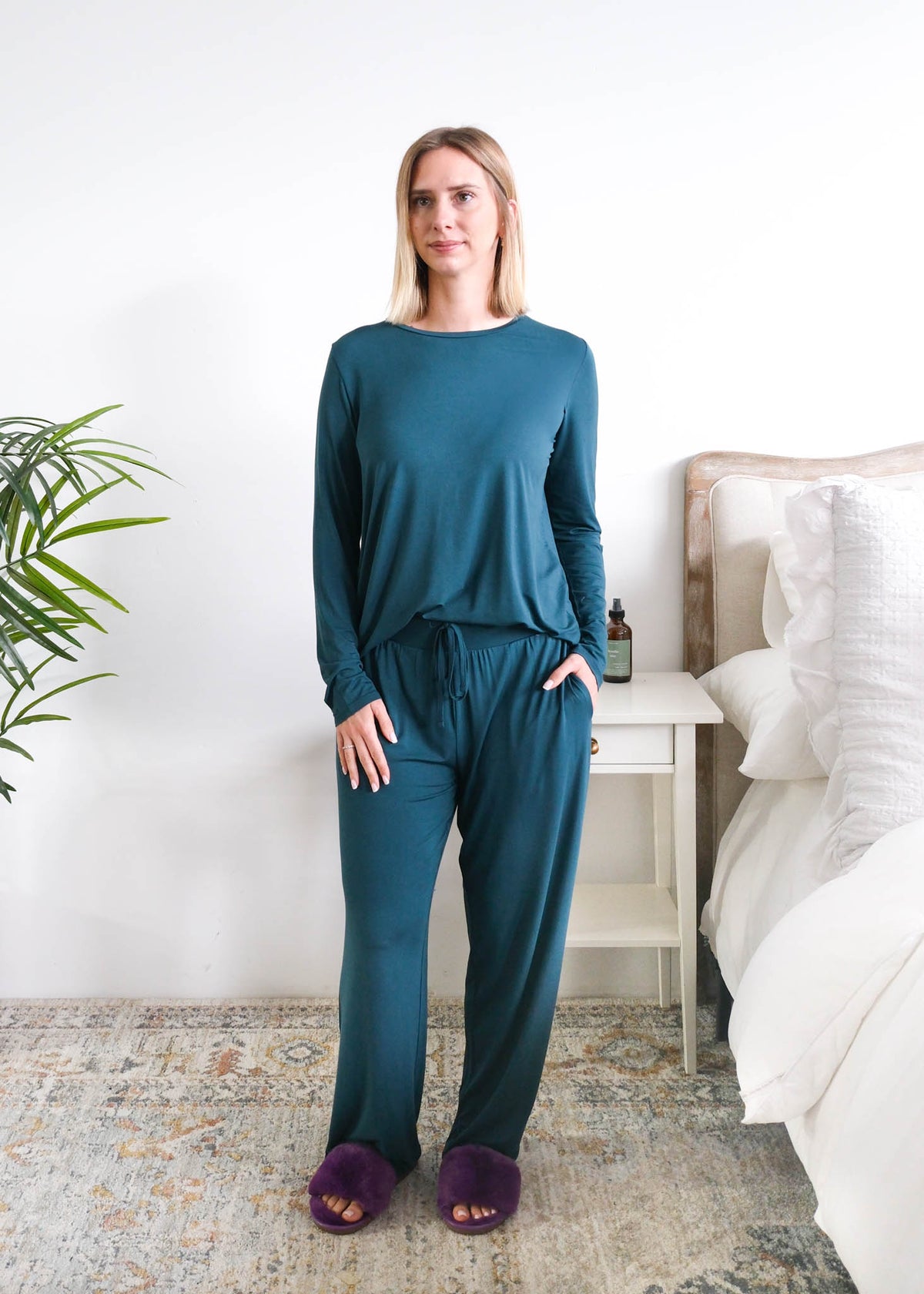 Georgia Rylan Midnight Teal Bamboo Pant full length model with matching top— Cloud Nine Pajamas