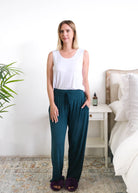 Georgia Rylan Midnight Teal Bamboo Pant full length model — Cloud Nine Pajamas