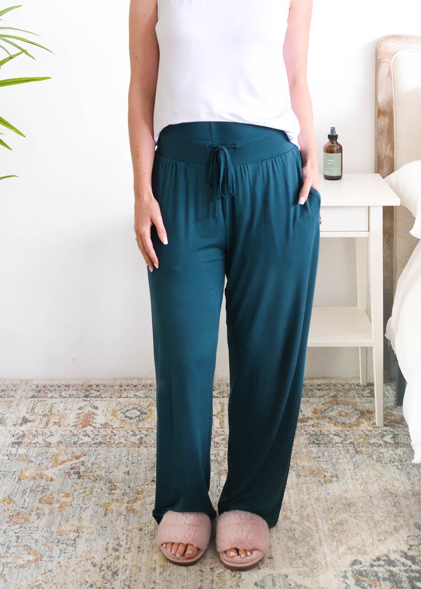 Georgia Rylan Straight Leg Bamboo Pant Midnight Teal front view on model — Cloud Nine Pajamas Edmonton