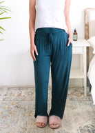 Georgia Rylan Straight Leg Bamboo Pant Midnight Teal front view on model — Cloud Nine Pajamas Edmonton