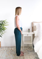 Georgia Rylan Midnight Teal Straight Leg Bamboo Pant model side view — Cloud Nine Pajamas