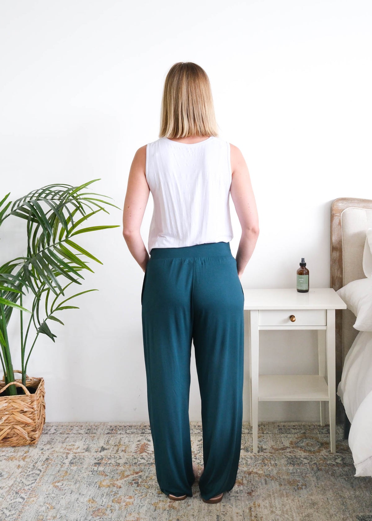 Georgia Rylan Midnight Teal Straight Leg Pant model back view — Cloud Nine Pajamas