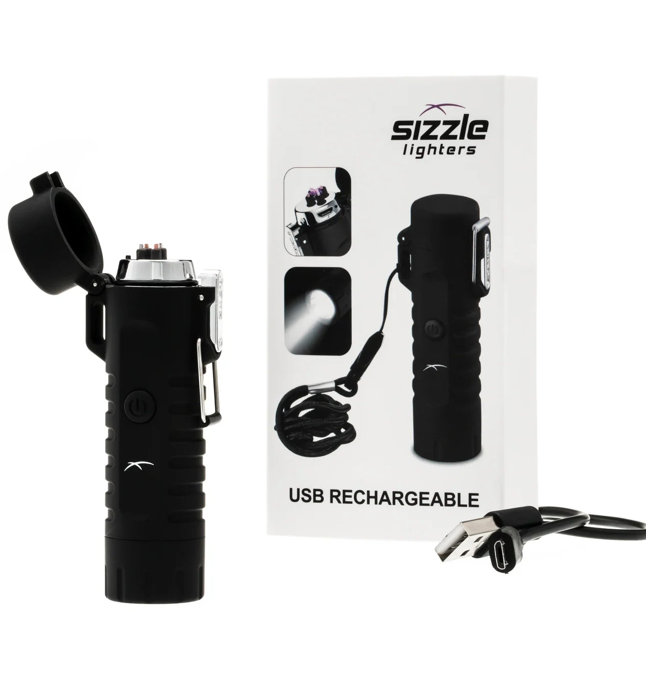  Sizzle Survival USB Rechargeable Electric Plasma Lighter & Flashlight in black product box shot, showing accessories included - Cloud Nine Pajamas