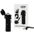  Sizzle Survival USB Rechargeable Electric Plasma Lighter & Flashlight in black product box shot, showing accessories included - Cloud Nine Pajamas