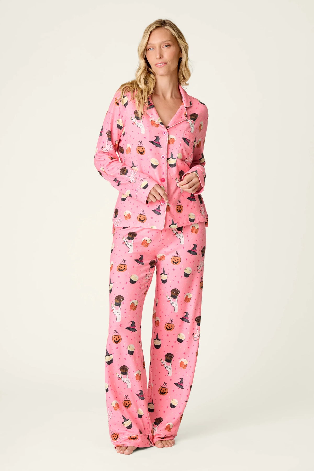 PJ Salvage Sweet and Spooky Halloween PJ Set Button Up peachy pink front view on model — Cloud Nine Pajamas Edmonton