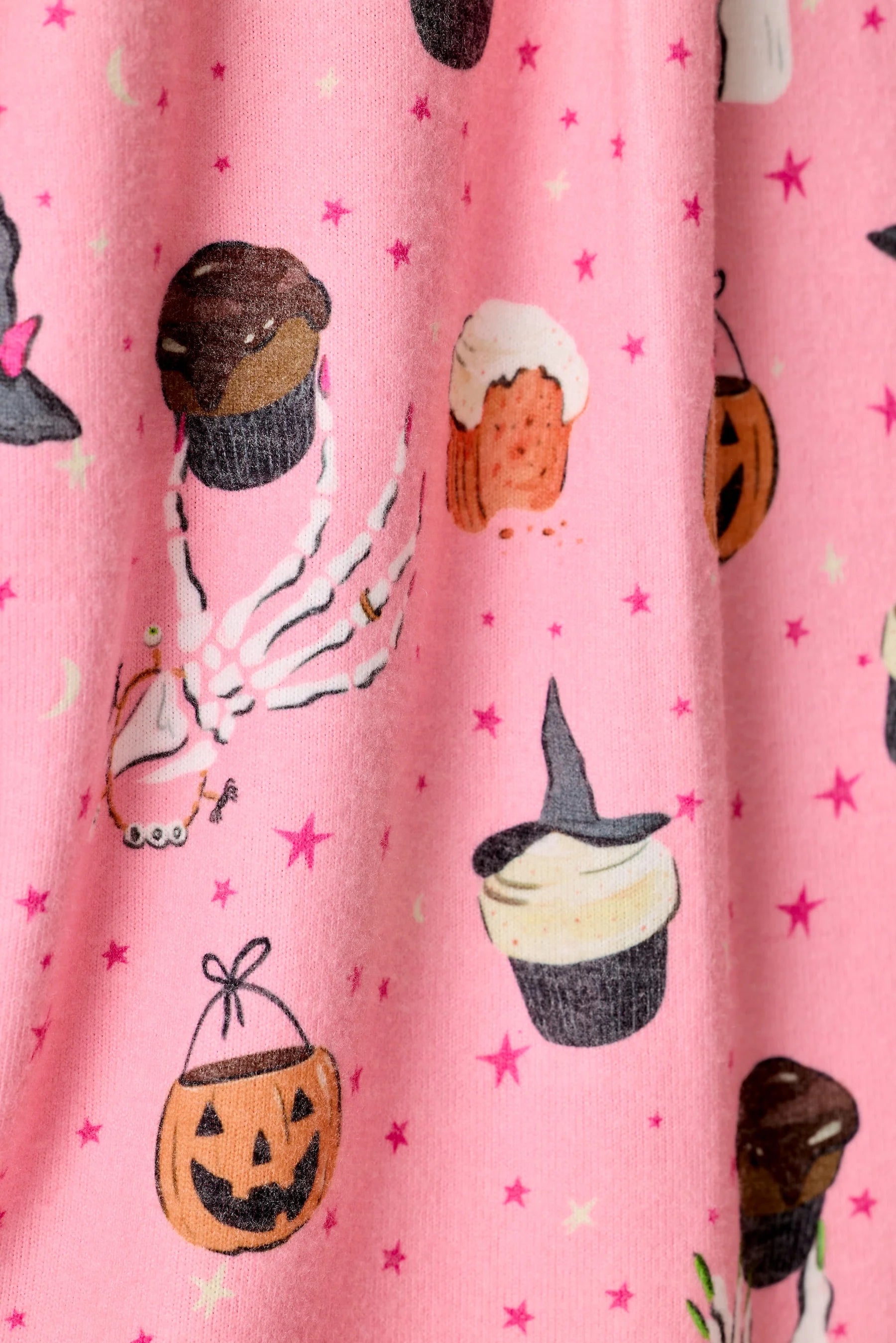 PJ Salvage Sweet and Spooky Pink Melon butter jersey fabric swatch — Cloud Nine Pajamas