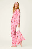 PJ Salvage Sweeter Than Sugar Candy Cane 4-Piece Flannel Gift Set side view on model — Cloud Nine Pajamas Edmonton