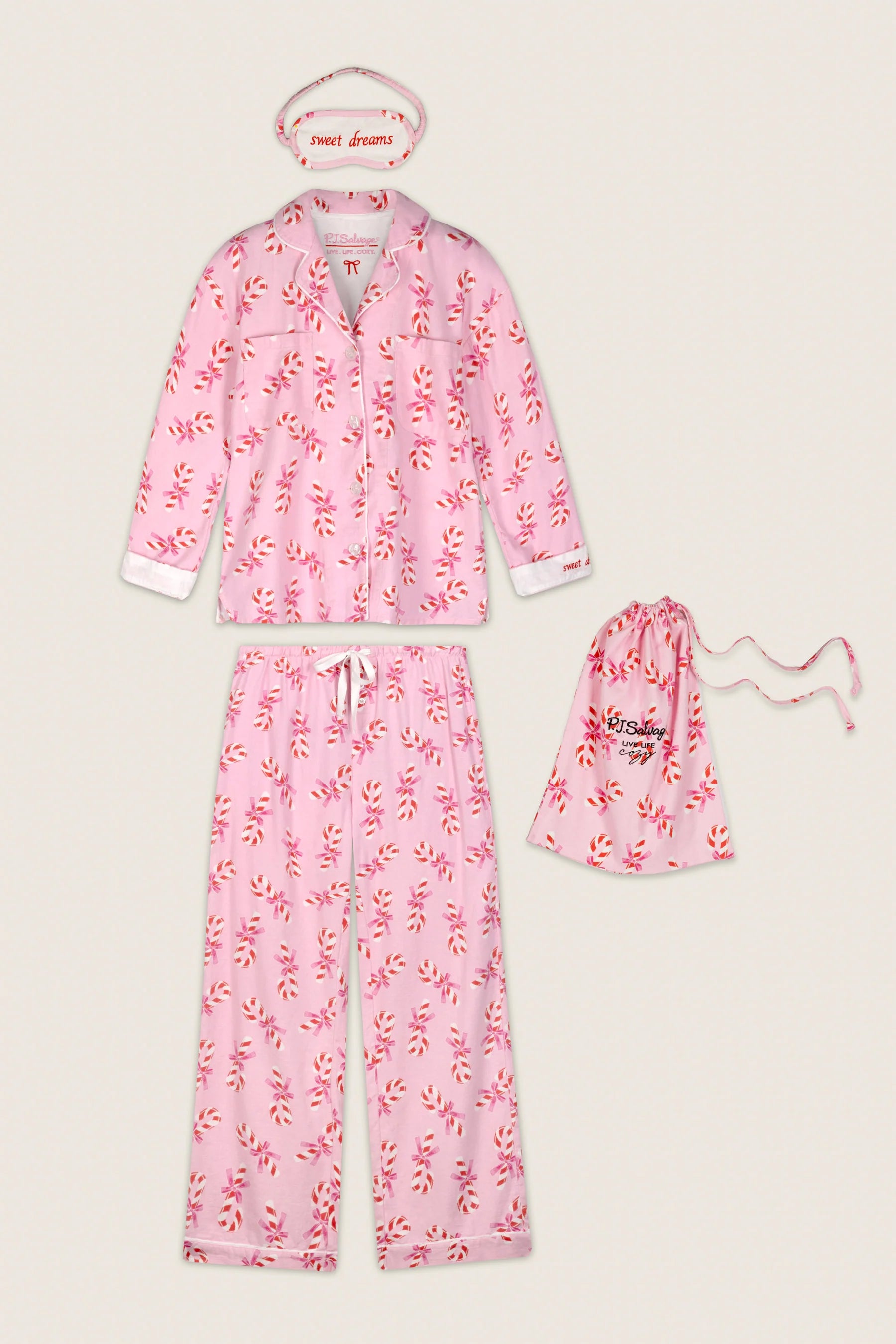 PJ Salvage Sweeter Than Sugar Flannel Gift Set full set layout with bag and eye mask — Cloud Nine Pajamas Edmonton