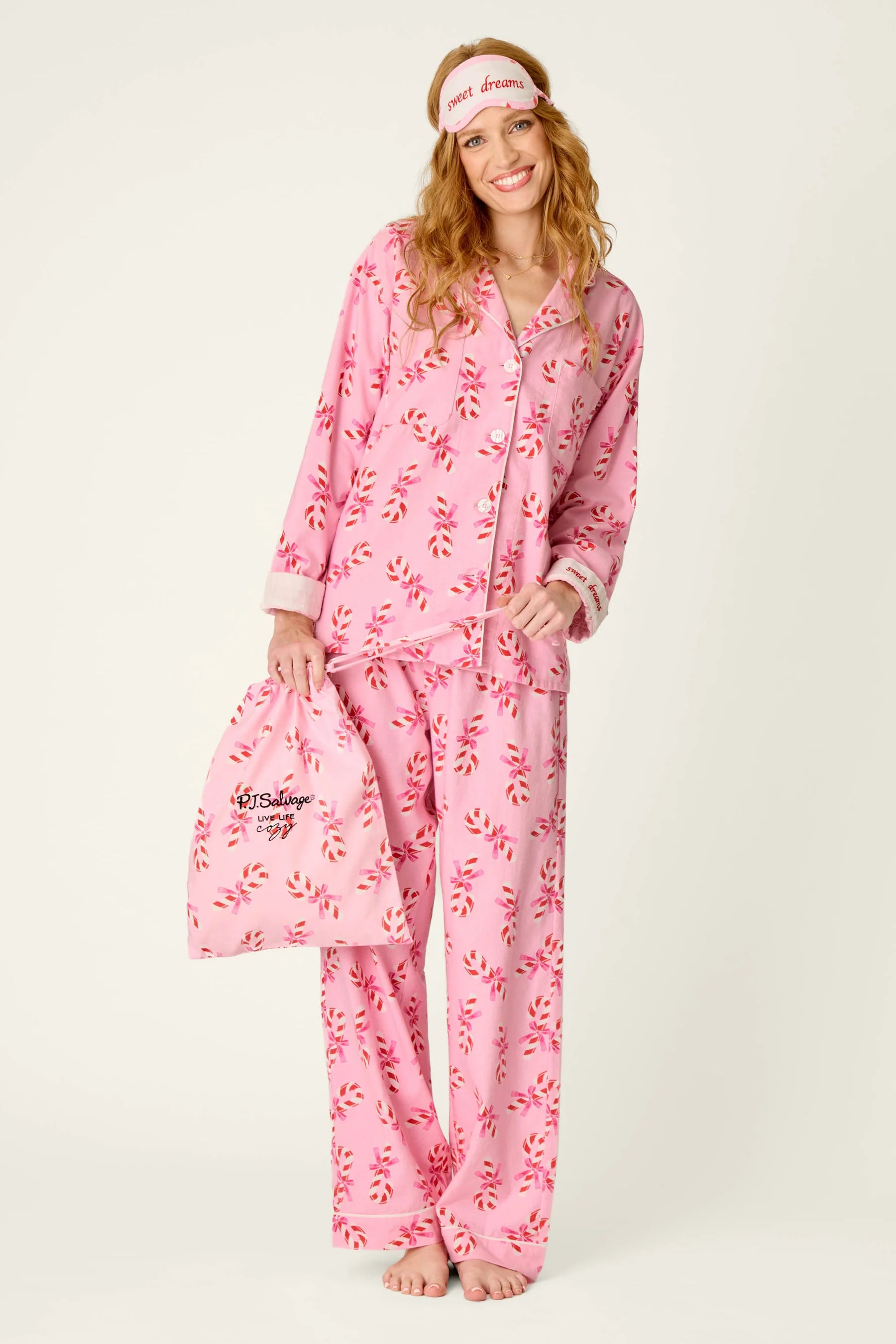 PJ Salvage Sweeter Than Sugar Candy Cane 4-Piece Flannel Gift Set front view on model — Cloud Nine Pajamas Edmonton