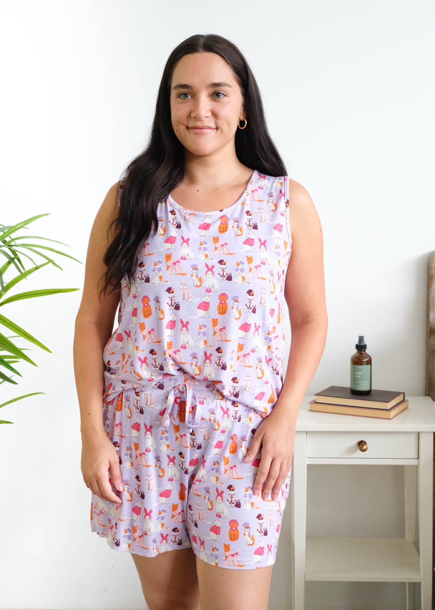 Georgia Rylan Catwalk Kitties Tank Short Bamboo PJ Set front view on model — Cloud Nine Pajamas Edmonton
