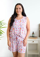 Georgia Rylan Catwalk Kitties Tank Short Bamboo PJ Set front view on model — Cloud Nine Pajamas Edmonton