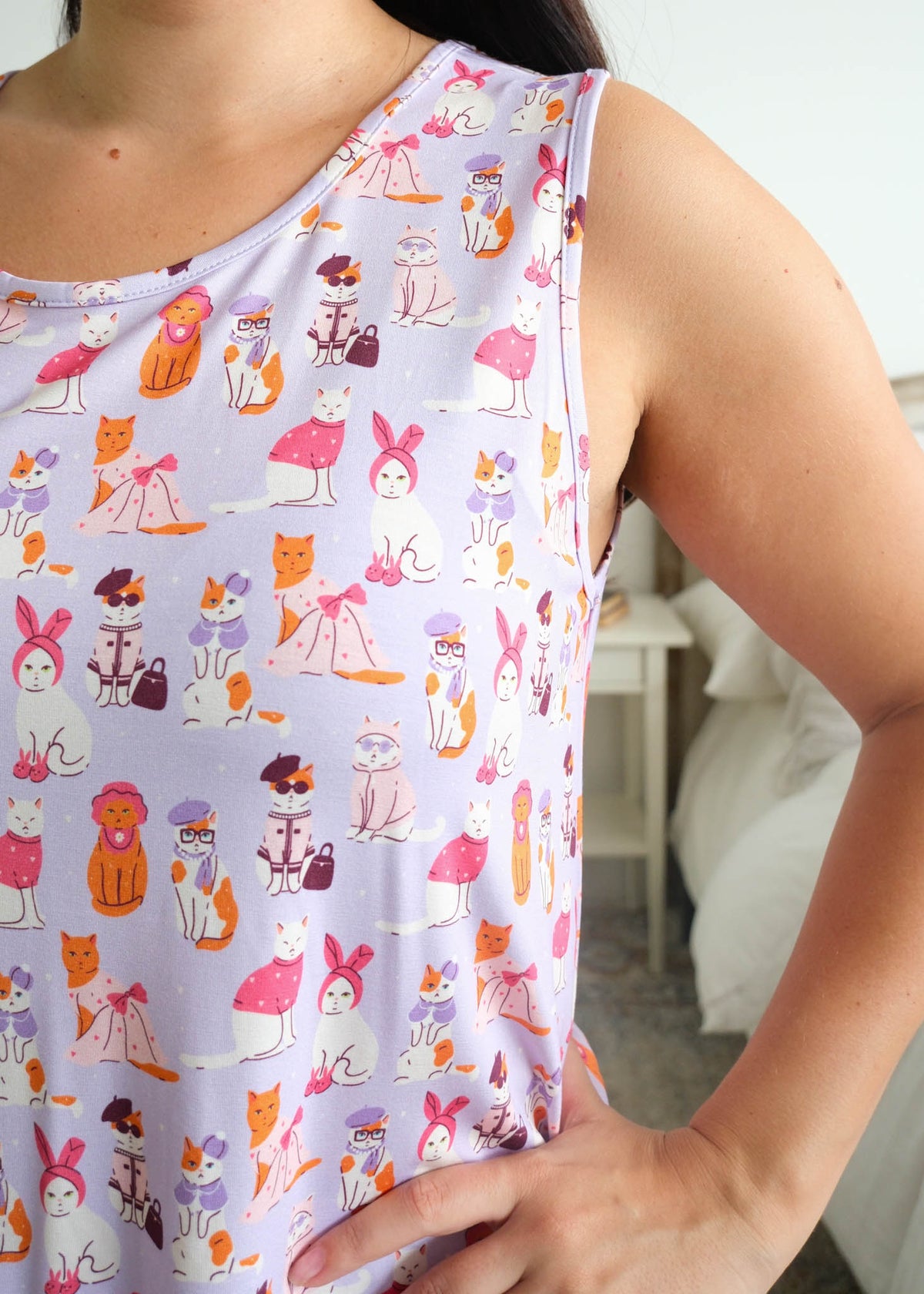 Georgia Rylan Catwalk Kitties Bamboo Tank top detail — Cloud Nine Pajamas