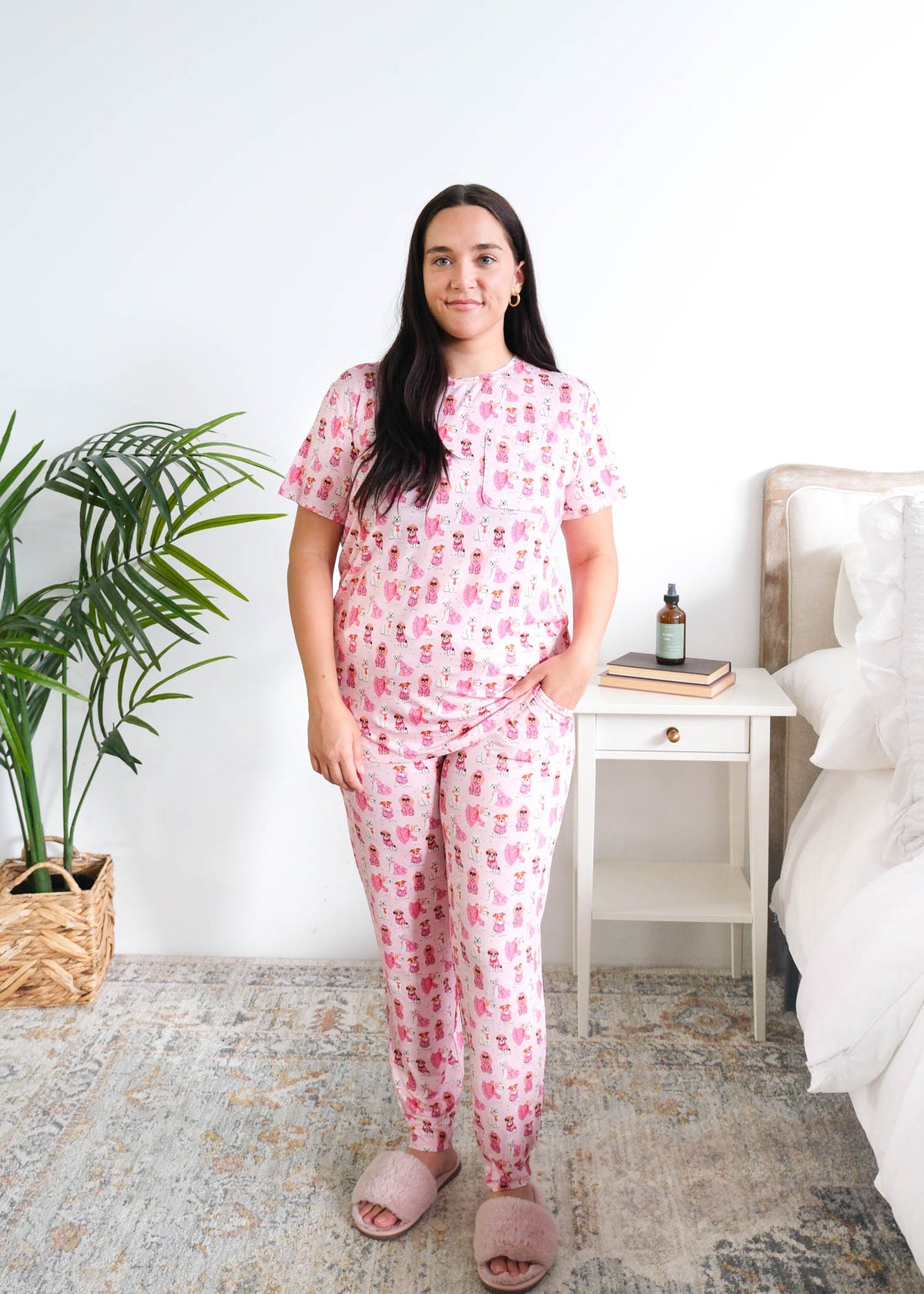Georgia Rylan Chic Puppies Bamboo PJ Set model full length — Cloud Nine Pajamas
