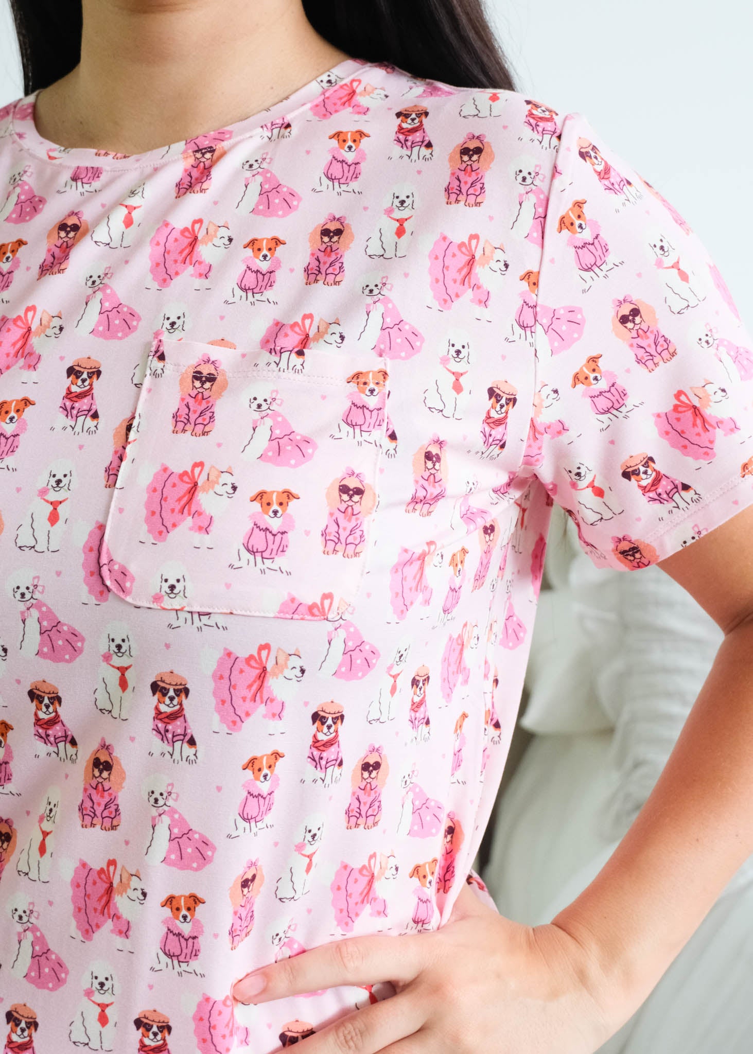 Georgia Rylan Chic Puppies print close-up illustrated puppies — Cloud Nine Pajamas