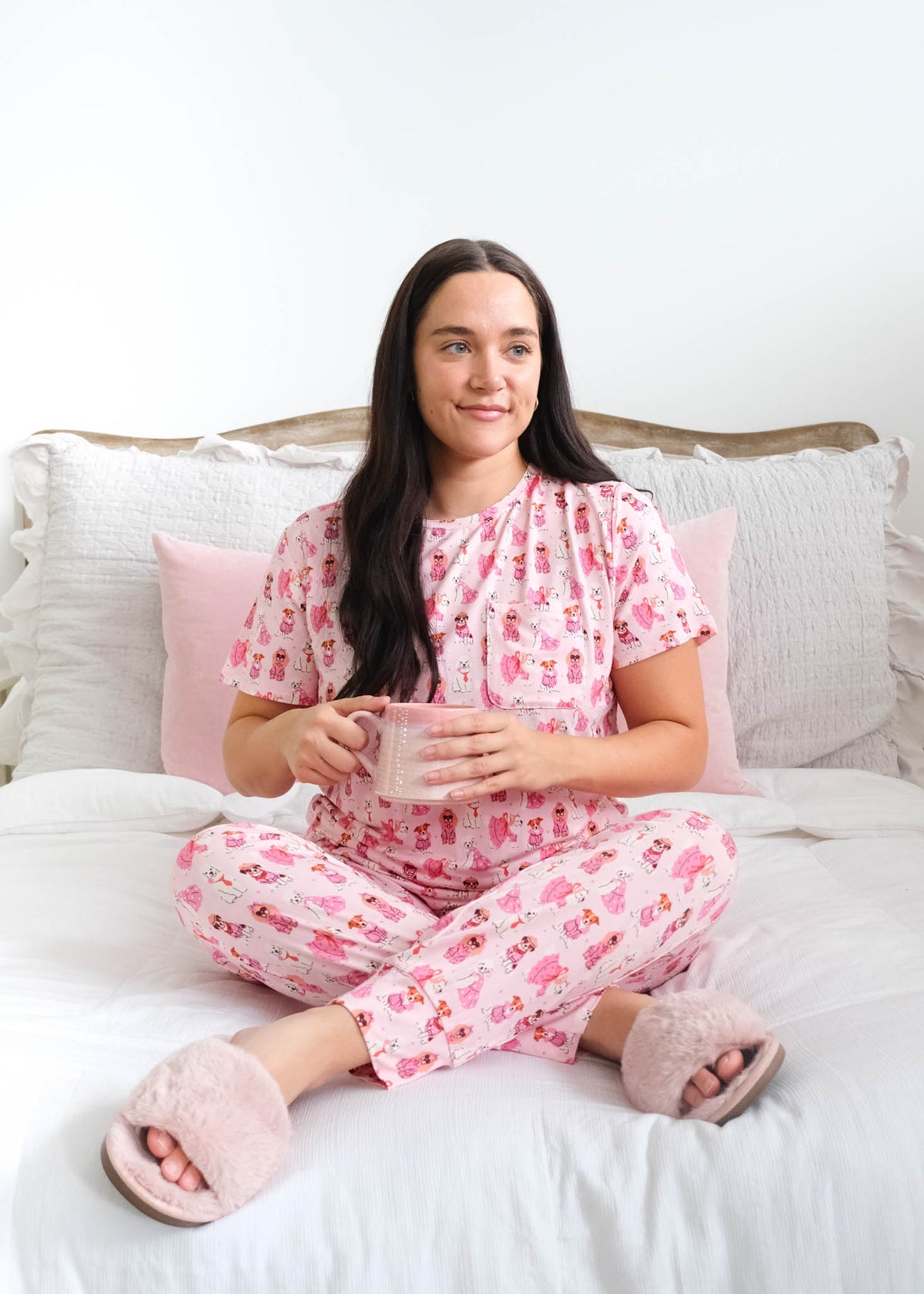 Georgia Rylan Chic Puppies Bamboo Jogger Set lifestyle model — Cloud Nine Pajamas Edmonton