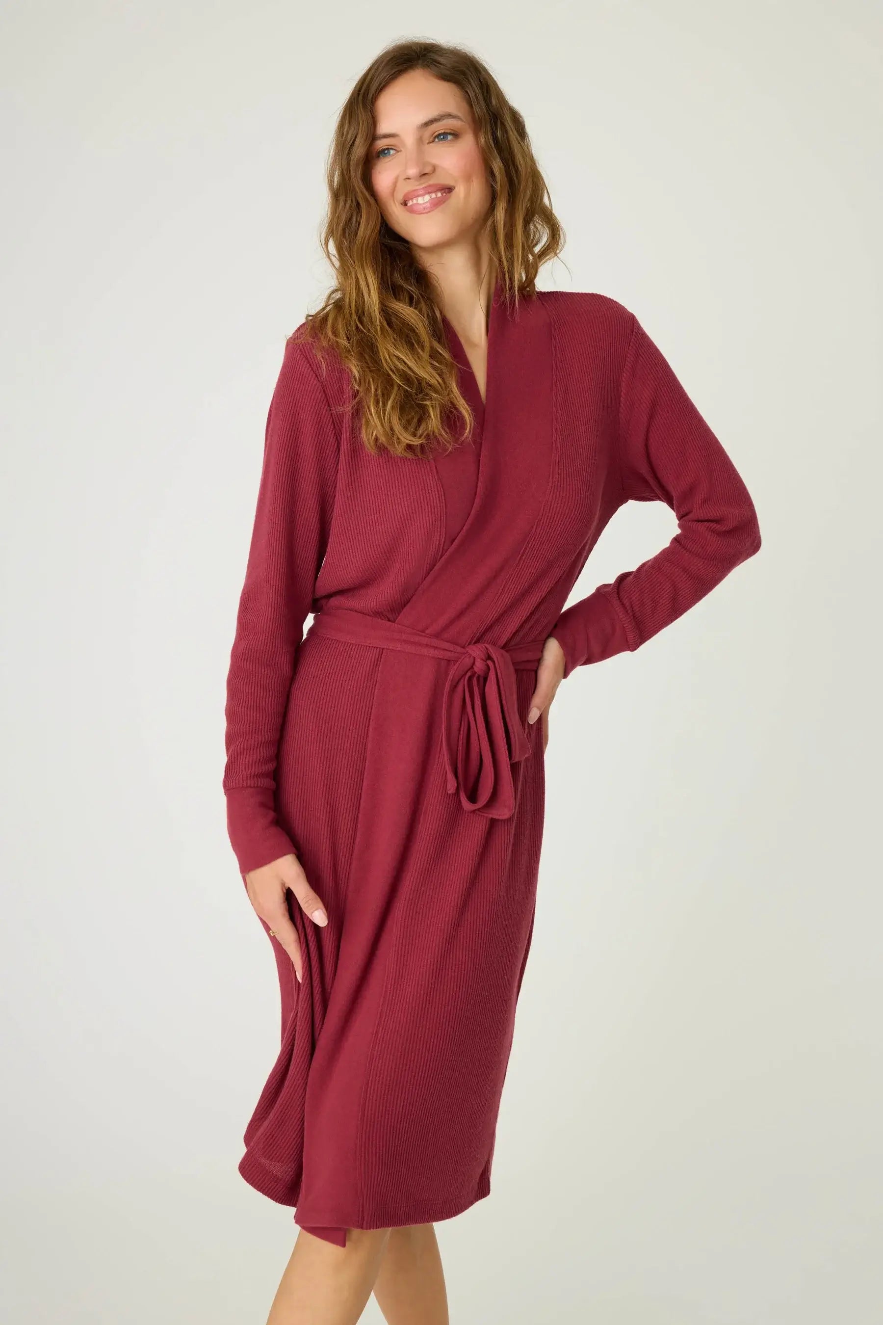 women's berry port red ribbed lounge robe with attached tie pj salvage