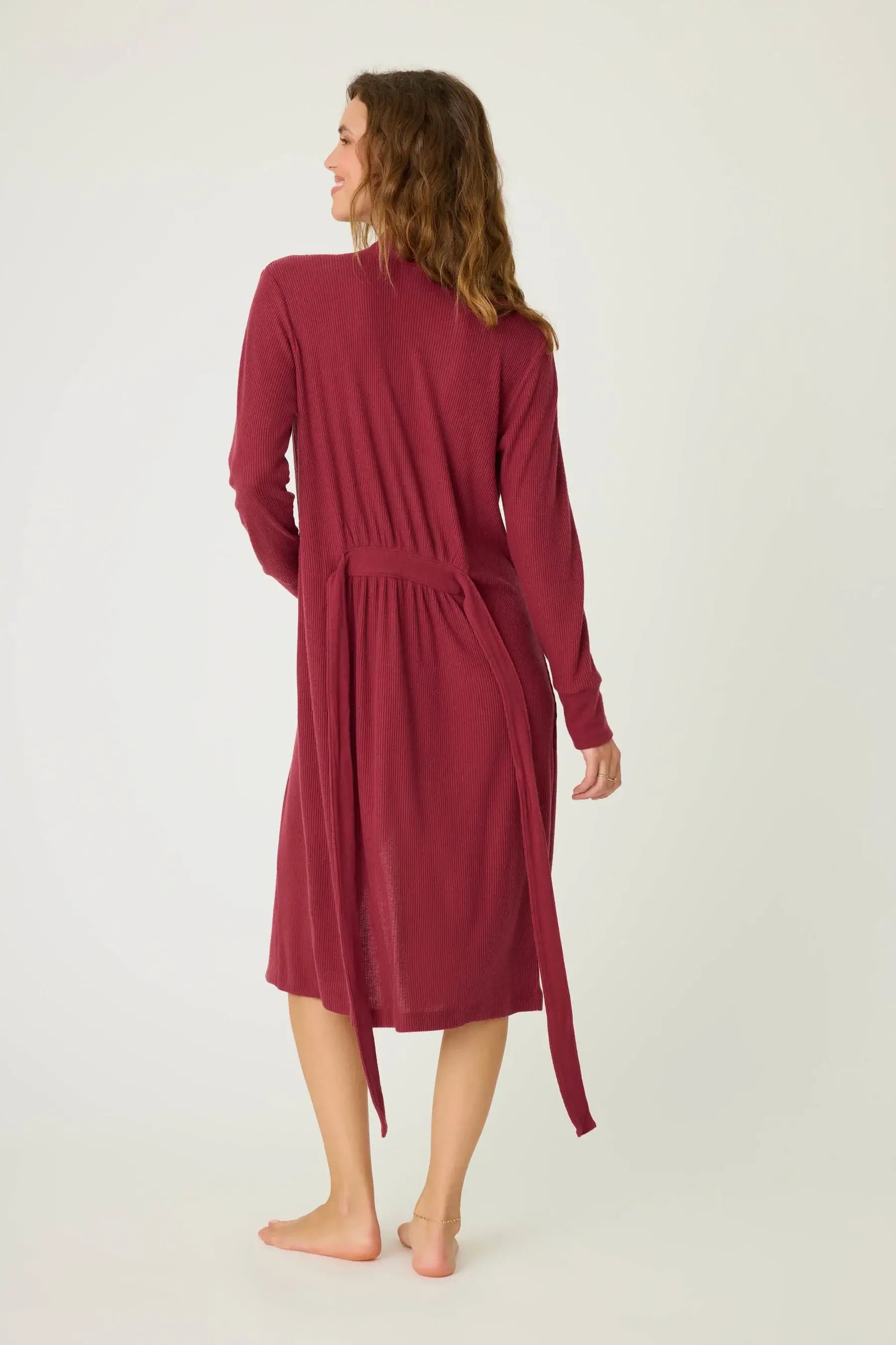 women's berry port red ribbed lounge robe with attached tie pj salvage