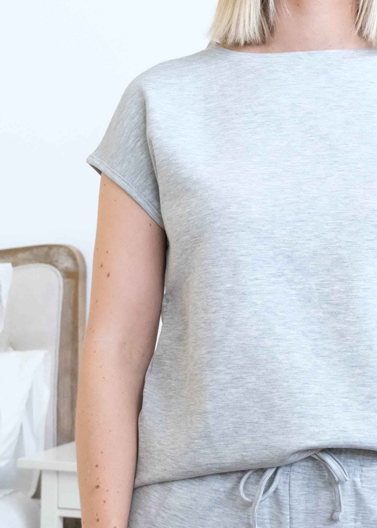 Miranda Nic The Robyn Lounge Set rolled collar and sleeve detail close-up — Cloud Nine Pajamas