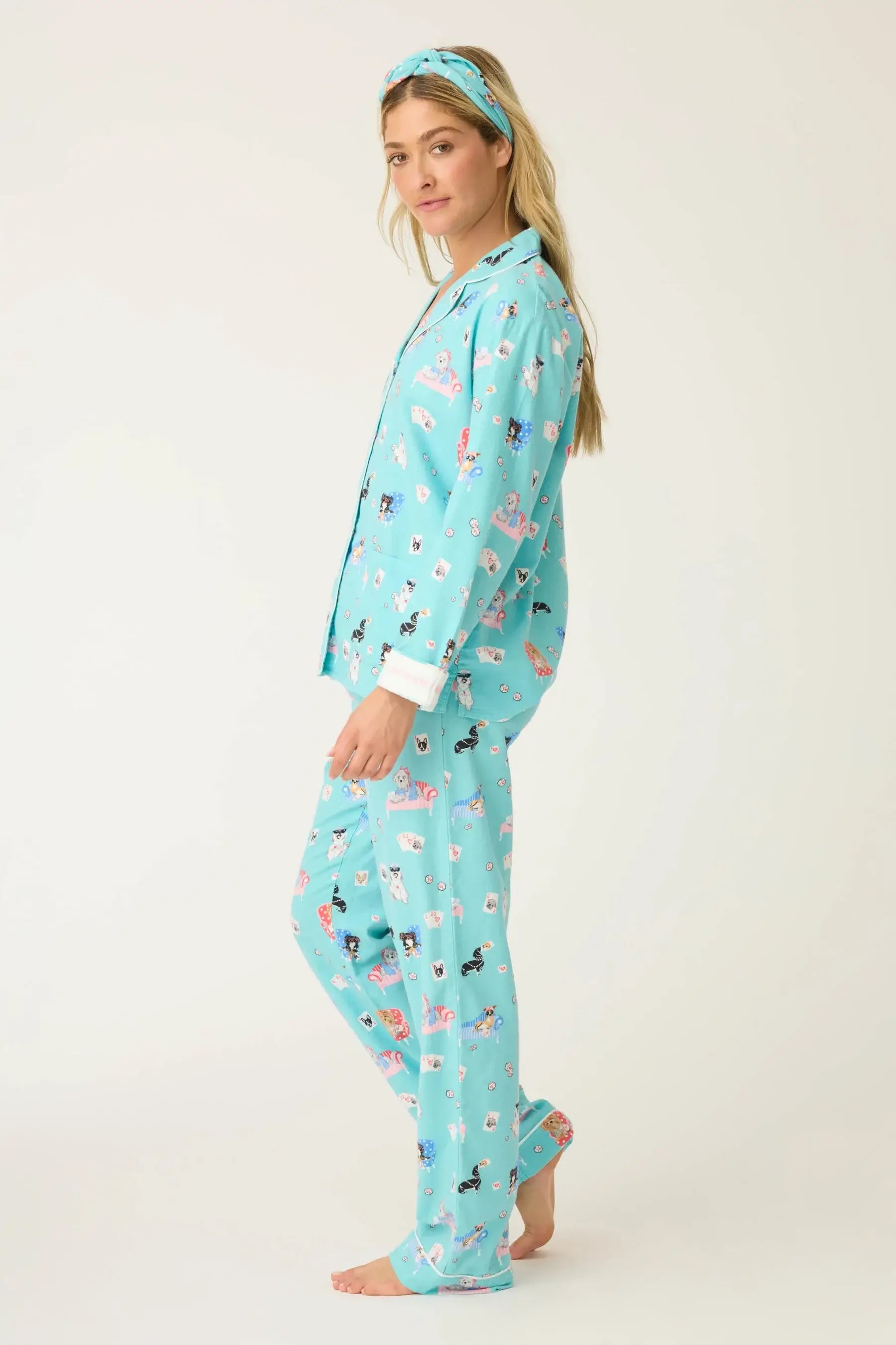 Model wearing This Is How I Roll Dog Print Flannel PJ Set in soft fabric, ideal for cozy game nights.