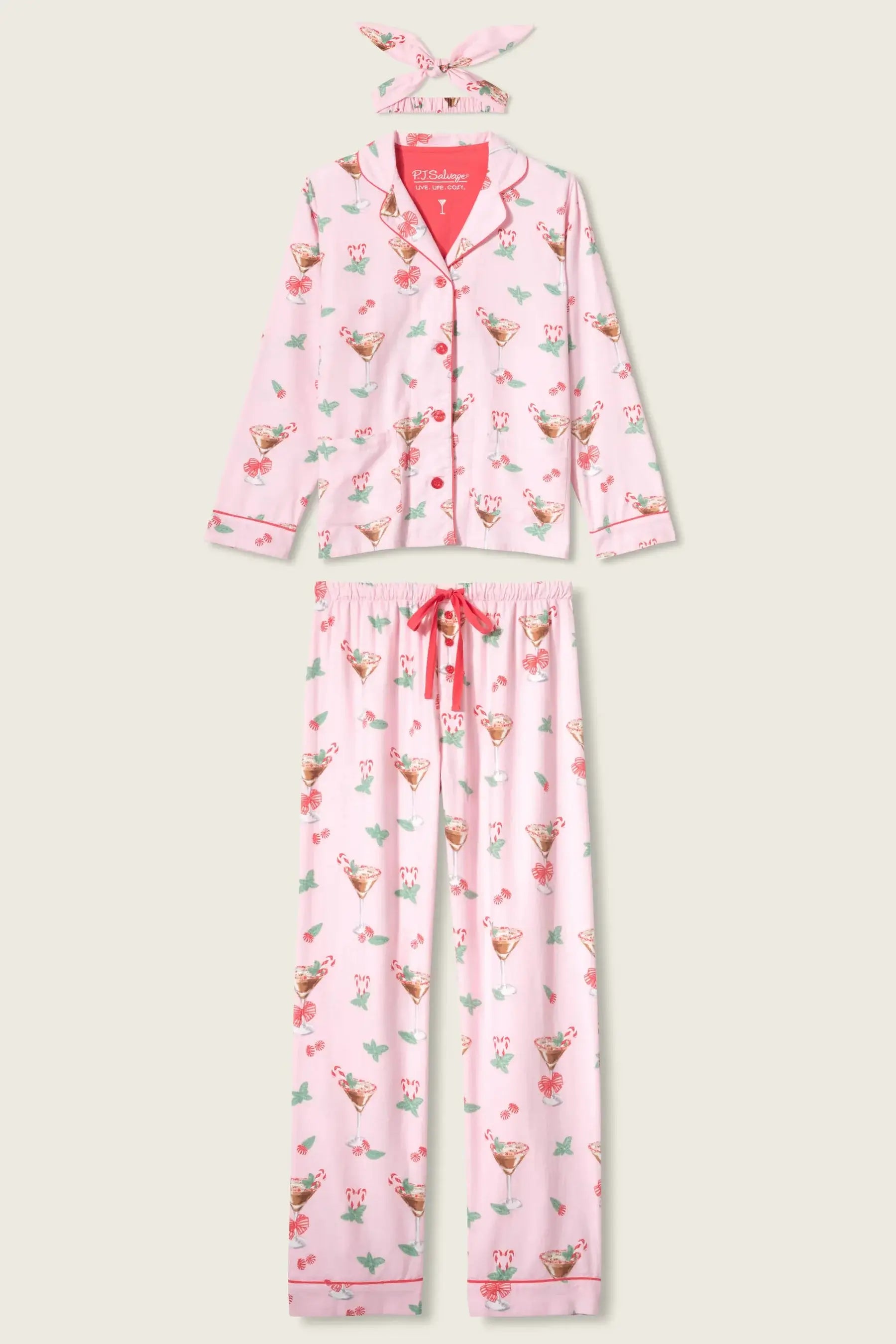 Tini Time Drink Print Flannel 3-Piece PJ Set featuring pink flannel with festive cocktail prints and a matching headband.