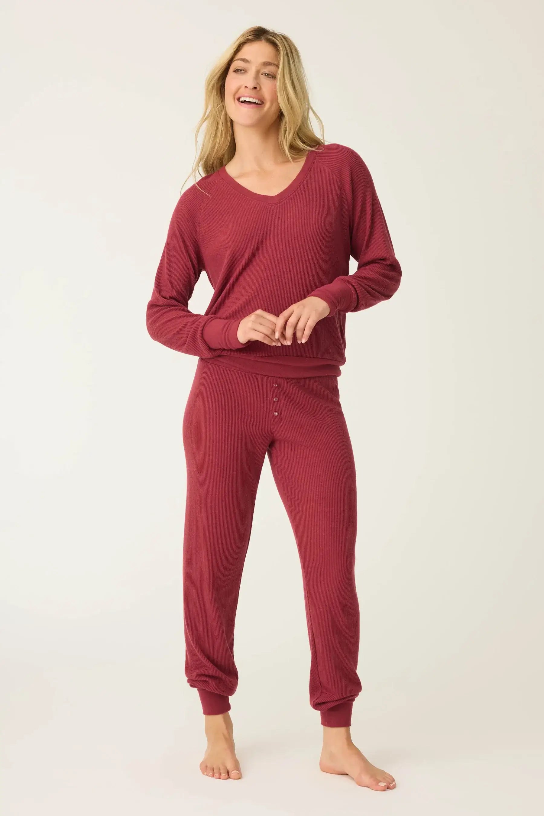 women's berry port textured waffle knit essential lounge set long johns pj salvage