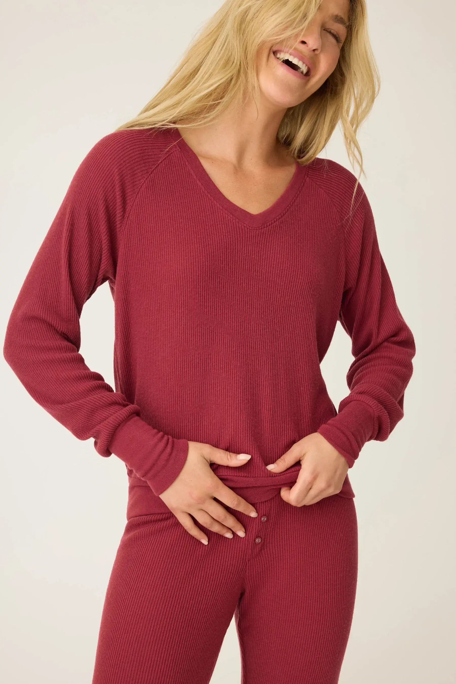 women's berry port textured waffle knit essential lounge set long johns pj salvage