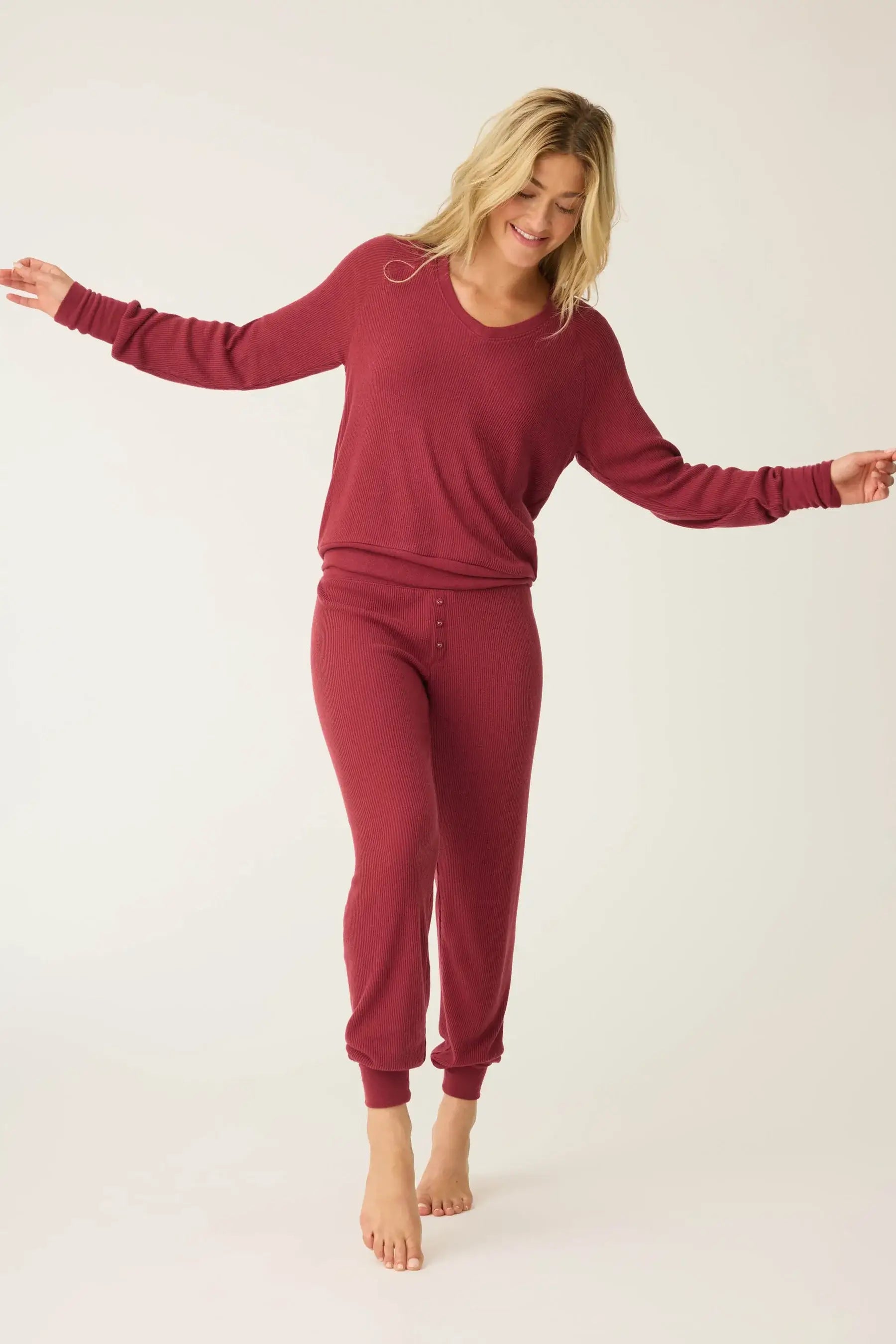 women's berry port textured waffle knit essential lounge set long johns pj salvage