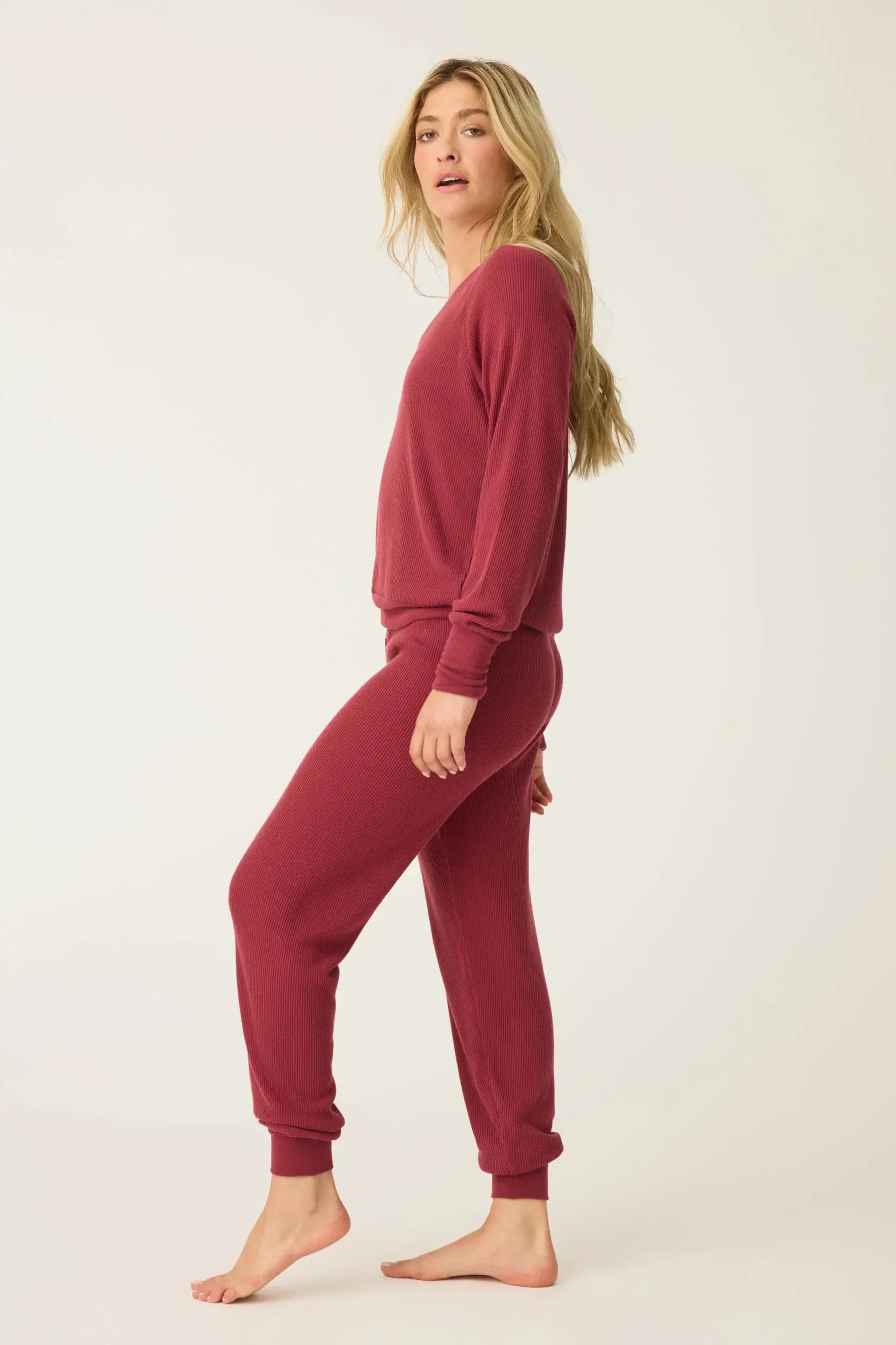 Top + Jogger Textured Essentials Lounge Set PORT Red PJ SALVAGE worn by a model in a relaxed pose.