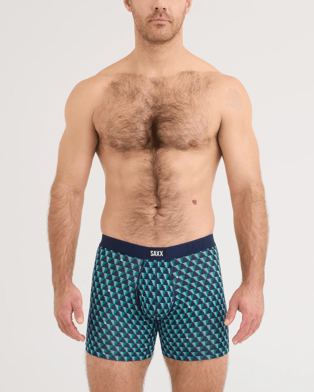SAXX Vibe Xtra Soft Boxer Brief Tree Farm front view on model — Cloud Nine Pajamas Edmonton