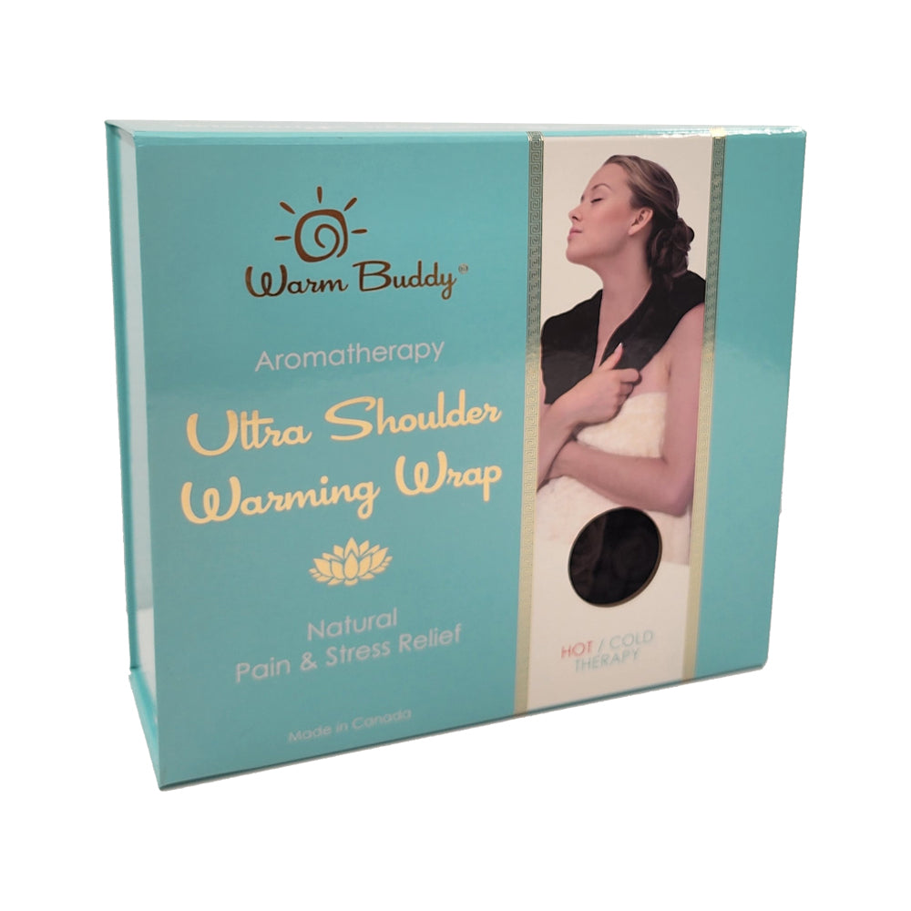 Warm Buddy Ultra Shoulder Wrap product box angle view — Cloud Nine Pajamas
