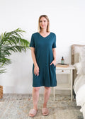V Neck Bamboo Nightshirt With Pockets Midnight Teal