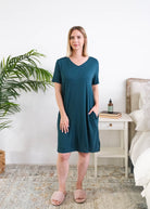 Georgia Rylan Midnight Teal V-Neck Nightshirt model full length — Cloud Nine Pajamas