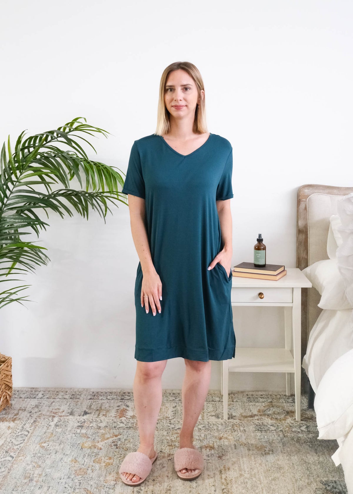 Georgia Rylan Midnight Teal V-Neck Nightshirt model full length — Cloud Nine Pajamas