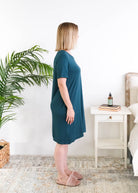 Georgia Rylan Midnight Teal V-Neck Bamboo Nightshirt model side view — Cloud Nine Pajamas Edmonton